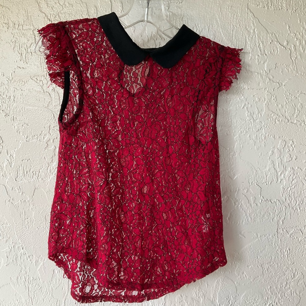 Meraki Red Lace Blouse with Black Collar